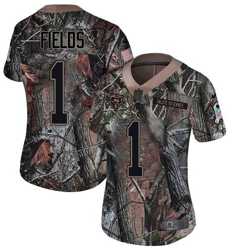 Nike Bears #1 Justin Fields Camo Women's Stitched NFL Limited Rush Realtree Jersey
