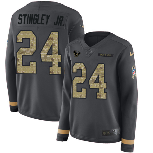 Nike Texans #24 Derek Stingley Jr. Anthracite Salute to Service Women's Stitched NFL Limited Therma Long Sleeve Jersey