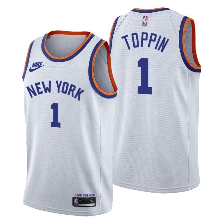 New York Knicks #1 Obi Toppin Women's Nike Releases Classic Edition NBA 75th Anniversary Jersey White