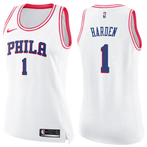 Nike 76ers #1 James Harden White/Pink Women's NBA Swingman Fashion Jersey