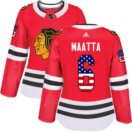 Adidas Blackhawks #6 Olli Maatta Red Home Authentic USA Flag Women's Stitched NHL Jersey