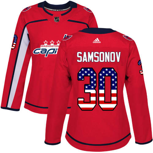 Adidas Capitals #30 Ilya Samsonov Red Home Authentic USA Flag Women's Stitched NHL Jersey