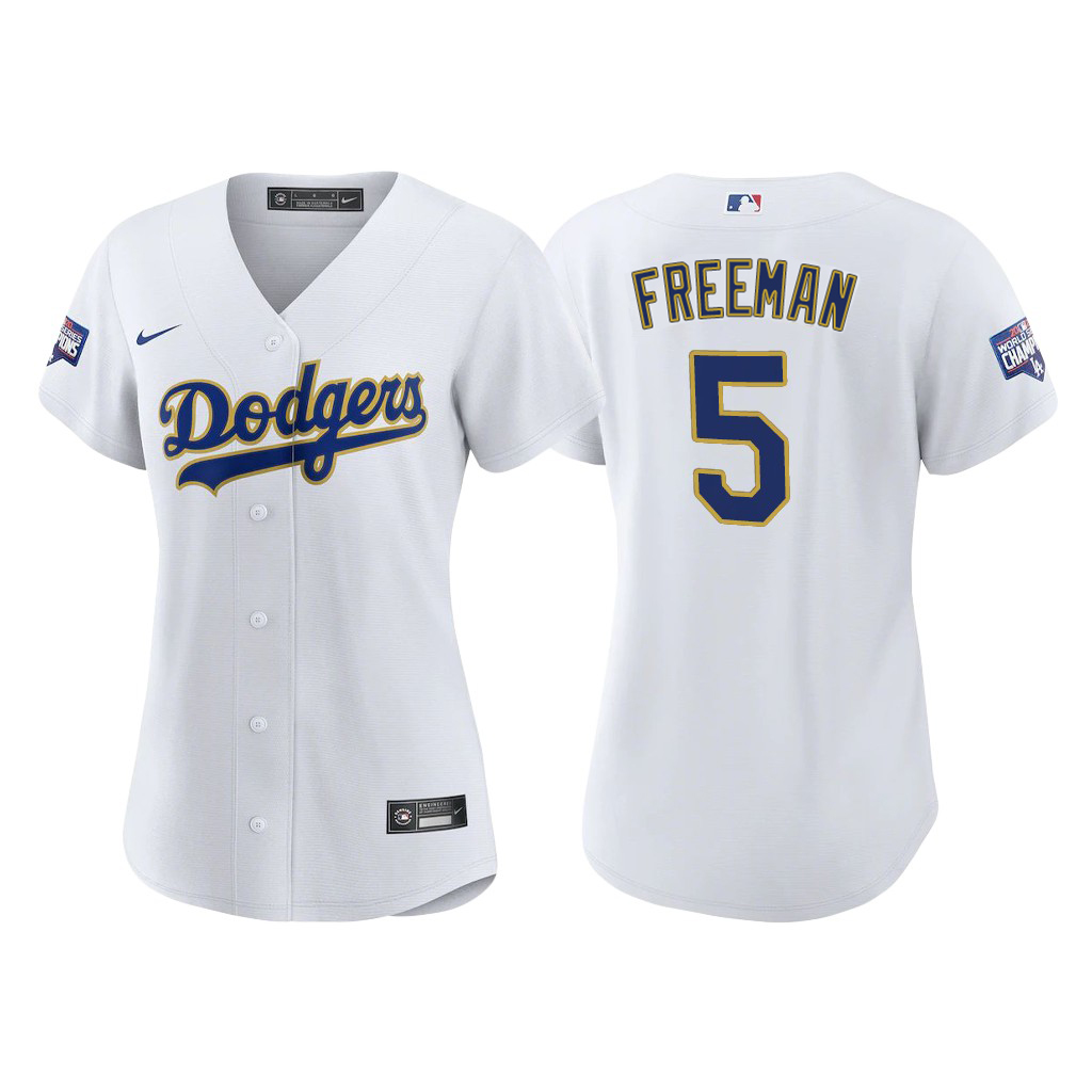 Los Angeles Dodgers #5 Freddie Freeman Women's Nike 2021 Gold Program World Series Champions MLB Jersey - Whtie