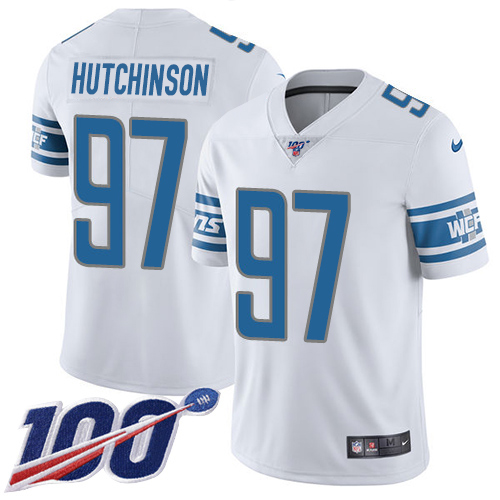 Nike Lions #97 Aidan Hutchinson White Youth Stitched NFL 100th Season Vapor Untouchable Limited Jersey
