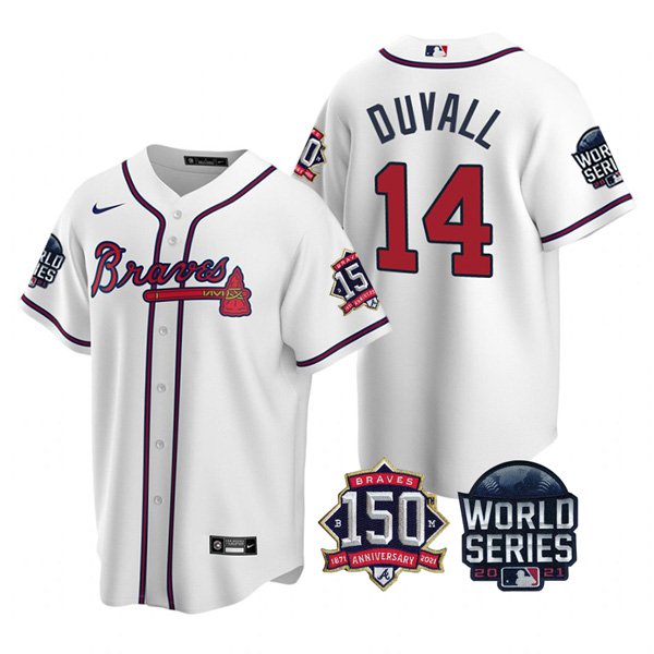 Atlanta Braves #14 Adam Duvall Nike 150th Anniversary 2021 World Series Youth MLB Jersey - White
