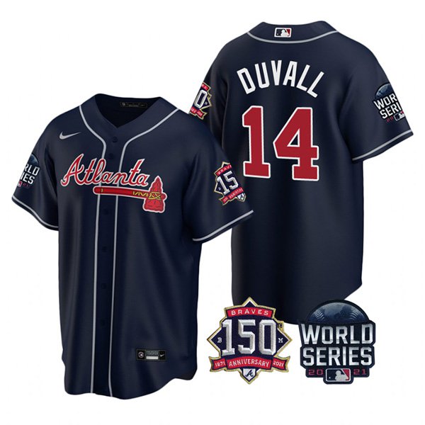 Atlanta Braves #14 Adam Duvall Nike 150th Anniversary 2021 World Series Youth MLB Jersey - Navy