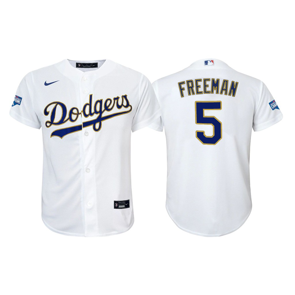 Los Angeles Dodgers #5 Freddie Freeman Youth Nike 2021 Gold Program World Series Champions MLB Jersey Whtie